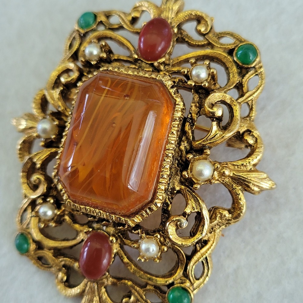 Gold Tone Filigree Brooch Amber Red Green Cabochon Faux Pearl Statement Pin